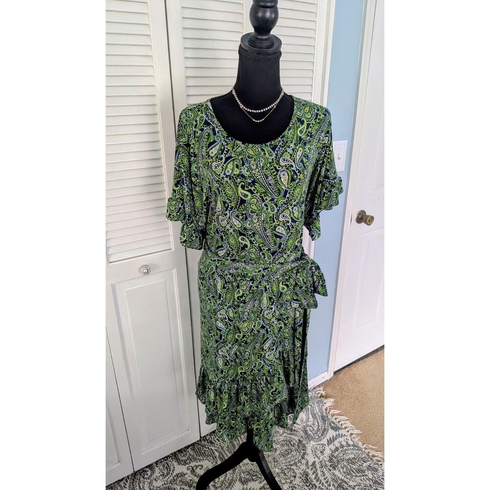 Michael Kors Dress Women's 3X Green Paisley Ruffled Tie Waist 4-1 Stretch Party